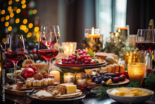 a table setting with wine, cheese, fruit and other holiday foods on the table in front of a christmas tree