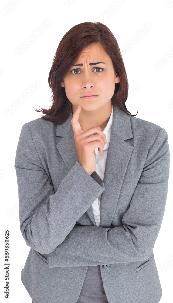 Digital png photo of worried caucasian businesswoman looking on camera on transparent background Digital png photo of worried caucasian businesswoman looking on camera on transparent background