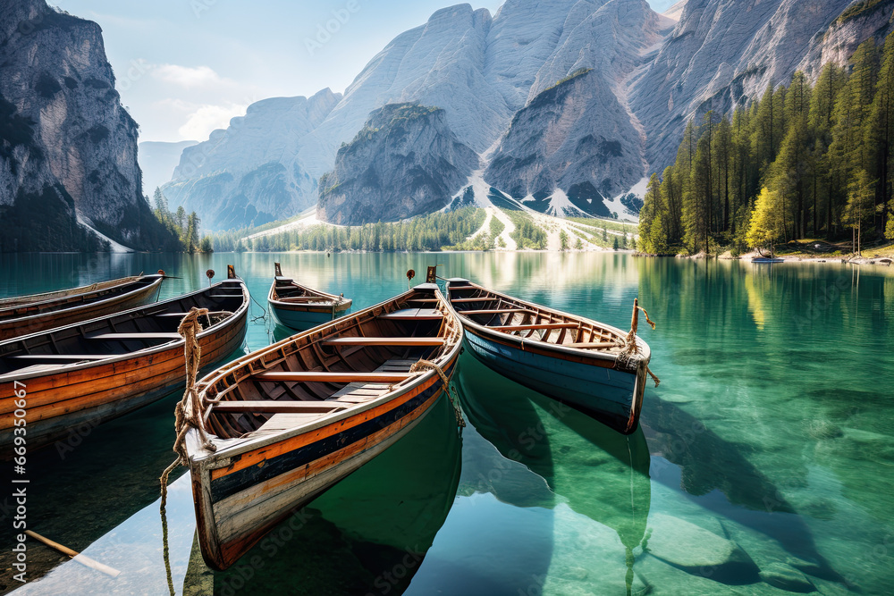 old wooden boat on lake shore with beautiful mountain and trees landscape