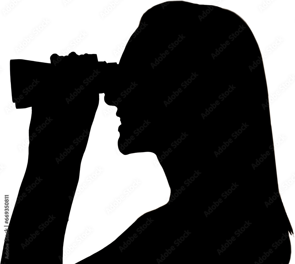 Digital png silhouette of woman looking through binoculars on transparent background