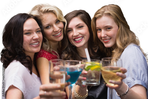 Digital png photo of happy caucasian female friends toasting on transparent background