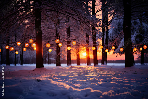 lanterns hanging from trees in the middle of a snow - covered park at sunset  new york  new york