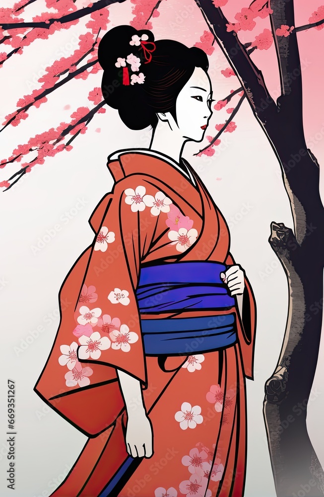 kimono female side view in graffiti background with Generative AI. kimono female side view in graffiti background with Generative AI.