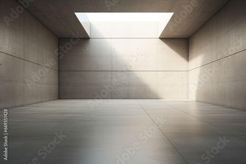 a long hallway with concrete walls in the background