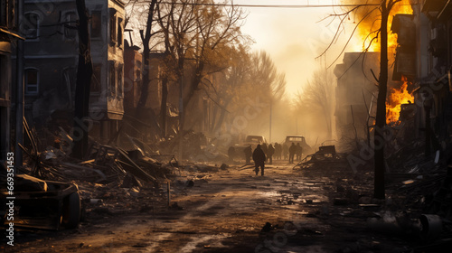 A street scene in a village devastated by bombing
