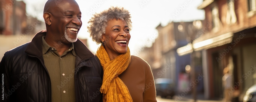 Older couple smiling, walking through a city at golden hour