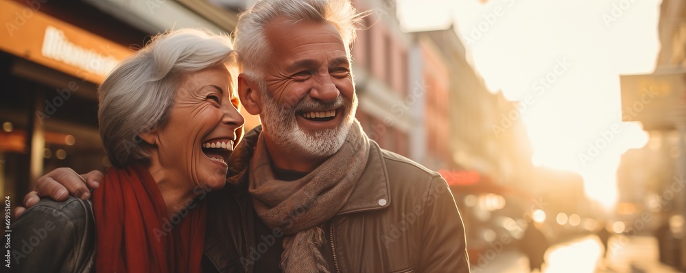 Older couple laughing, walking through a city at golden hour