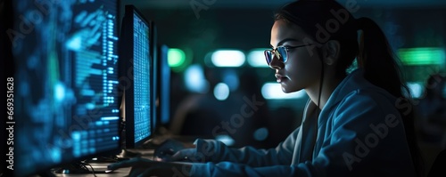 Focused female teenager typing at her desktop computer photo