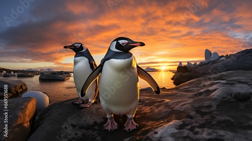 An AI illustration of two penguins standing on the edge of a rocky shoreline at sunset