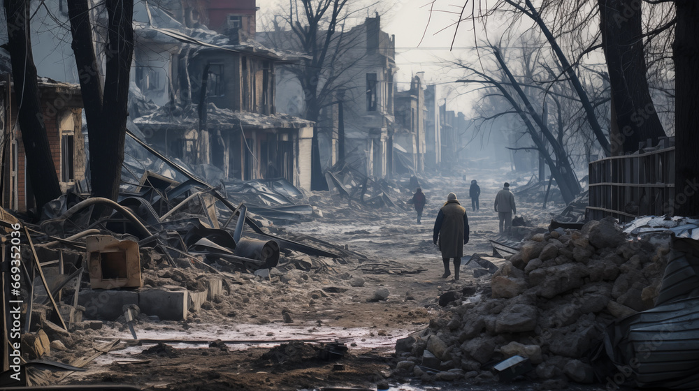 A street scene in a village devastated by bombing A street scene in a village devastated by bombing