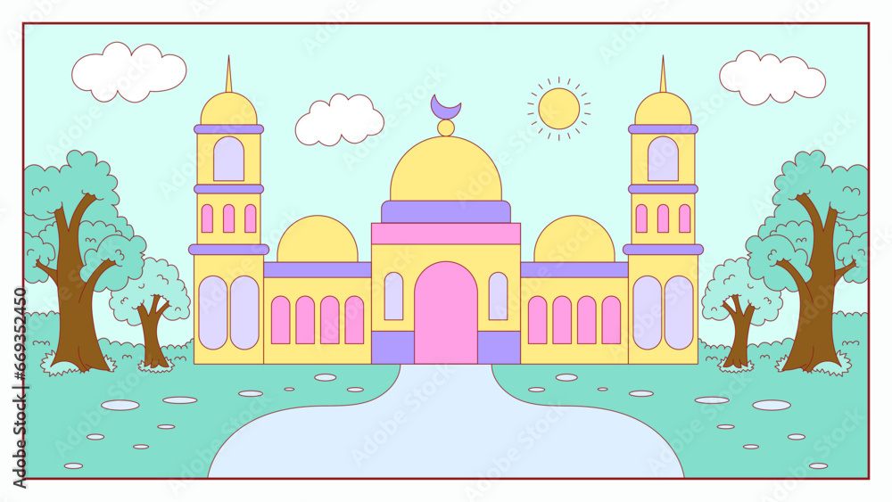 Kid Colorful Mosque Cartoon Illustration