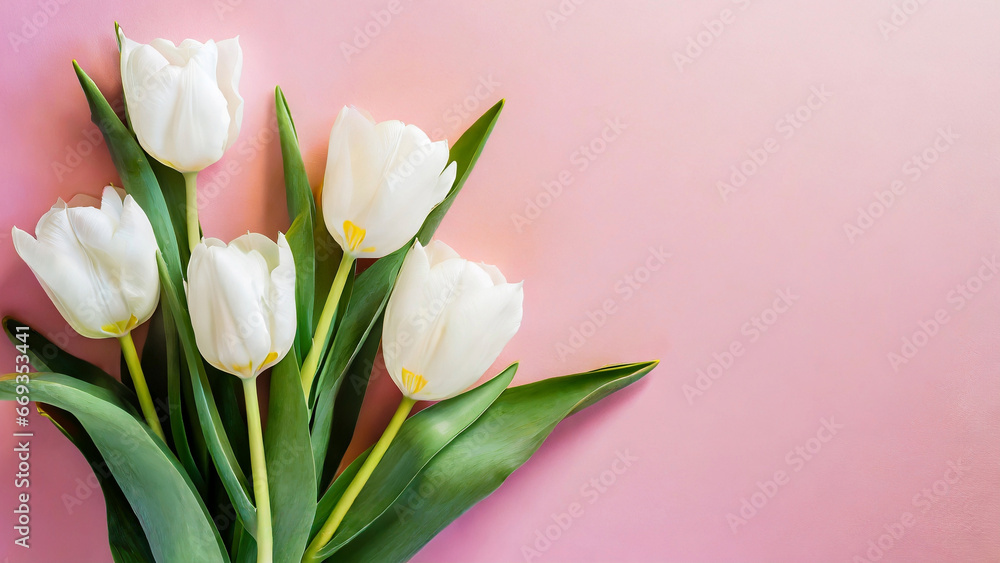 bouquet of white tulips on pink background