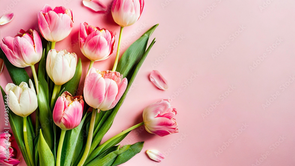 bouquet of pink tulips on pink background