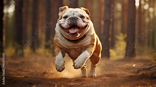 Happy bulldog running in the autumn forest. 