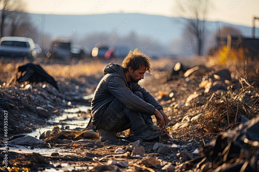a man sitting on the ground with his hands in his pockets and looking down at something he has just done a man sitting on the ground with his hands in his pockets and looking down at something he has just done