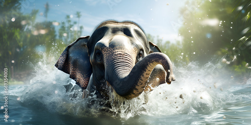 African elephant bathing at dusk elephant in sea ocean depth  around water waves  sunset apocalyptic sky generative ai