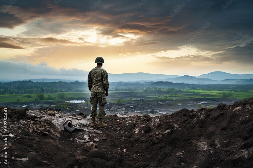 a man standing in the middle of a pile of dirt with mountains and hills in the background at sunset time
