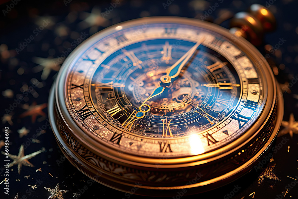 a pocket watch on a black surface with gold stars and confections in the background, taken from above a pocket watch on a black surface with gold stars and confections in the background, taken from above
