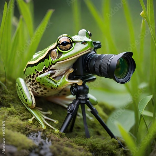 frog sitting on the stone in nature landscape near lake .with camera