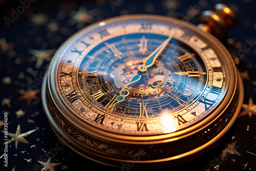 a pocket watch on a black surface with gold stars and confections in the background, taken from above