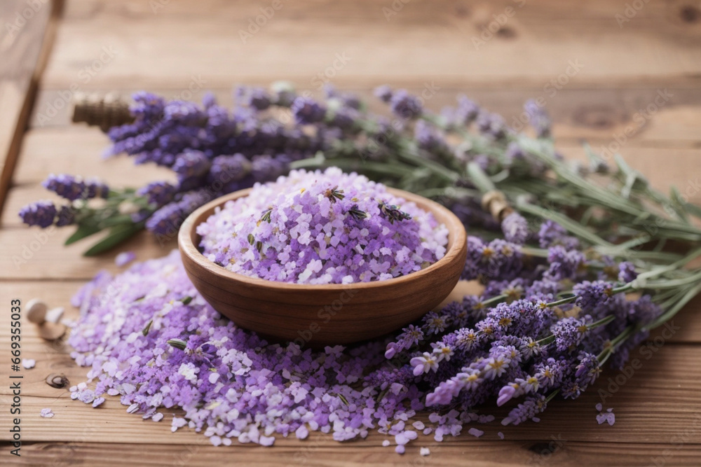 Bath salts herbal body care product with fresh lavender on rustic wooden background, Generative AI Bath salts herbal body care product with fresh lavender on rustic wooden background, Generative AI