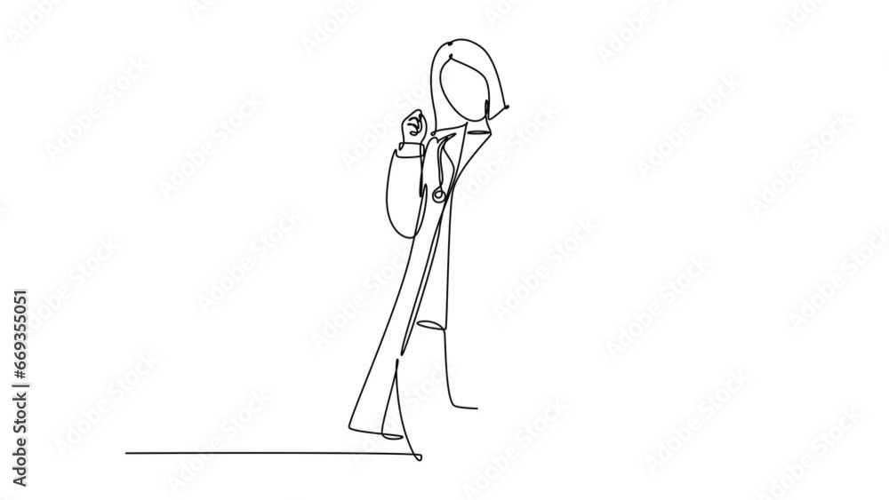 Animated self drawing of continuous line draw young happy female doctor fist his hands to the air to celebrate success treat the patient. Medical health care concept. Full length single line animation Animated self drawing of continuous line draw young happy female doctor fist his hands to the air to celebrate success treat the patient. Medical health care concept. Full length single line animation