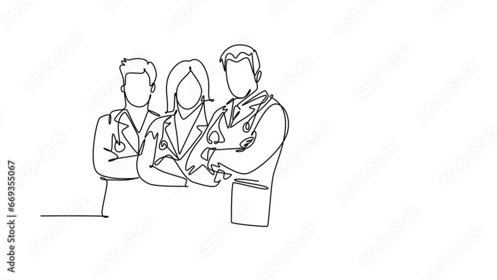 Self drawing animation of single line draw group of happy male and female doctor line up to celebrate their successful surgery operation. Team work success. Continuous line draw. Full length animated Self drawing animation of single line draw group of happy male and female doctor line up to celebrate their successful surgery operation. Team work success. Continuous line draw. Full length animated