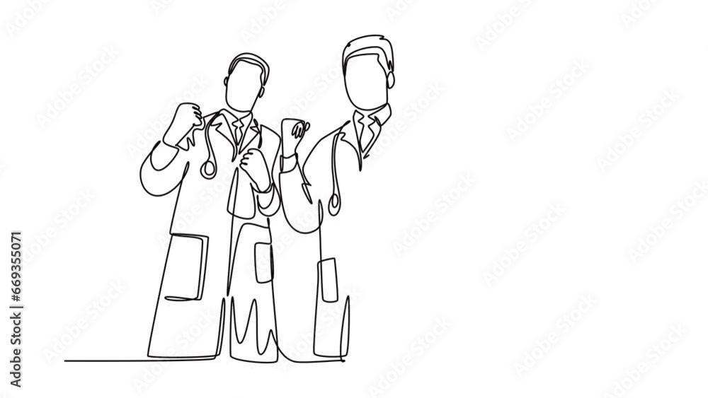 Self drawing animation of single line group of happy male doctor and female doctor celebrating their successful cure patient. Medical health care services. Continuous line draw. Full length animated Self drawing animation of single line group of happy male doctor and female doctor celebrating their successful cure patient. Medical health care services. Continuous line draw. Full length animated