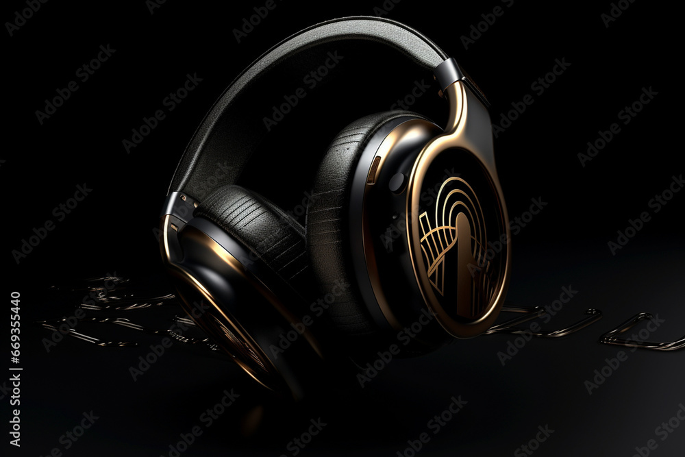 Headphones on black background. Music concept. 3D Rendering