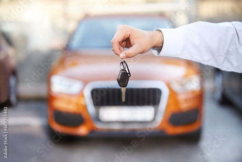 Tableau sur toile Car, outdoor and businessman with key in hand for sale of auto, transportation and investment