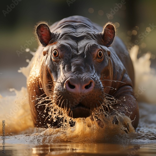 An AI illustration of a small hippo is running through a pond full of water photo