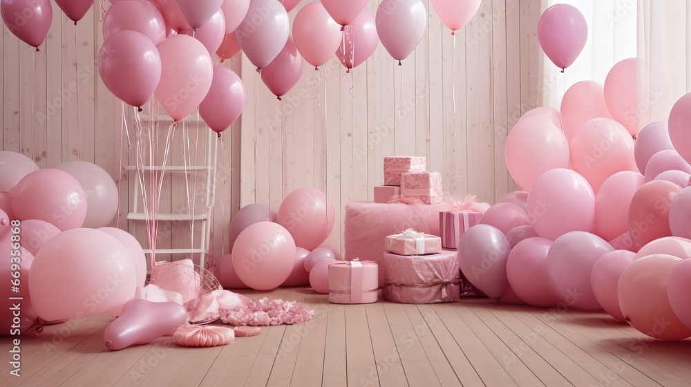 vibrant Pink decor balloons creating a festive atmosphere in room - obrazy, fototapety, plakaty 