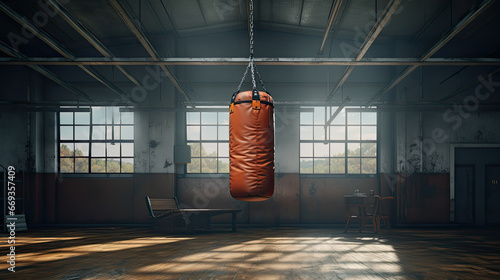 leather punching bag in an empty gym photo