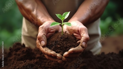 Plant in hands Environment famer hands holding soil outdoor Ecology concept