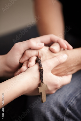 Photography Helping hand, prayer together with beads and worship for religion, trust or spiritual hope