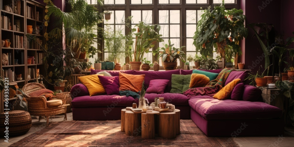 a bohemian-inspired living room with a mix of vintage and modern furniture, layered rugs, and lots of plants. AI Generative