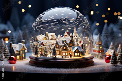 a snow globe in the shape of a house with christmas trees and lights around it on a dark blue background