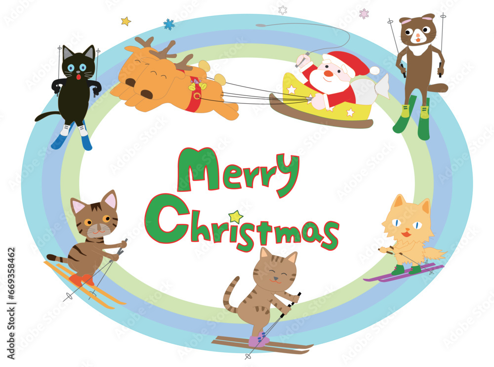 ウィンタースポーツで楽しんでいる猫たちと一緒にクリスマスを祝うサンタクロース。 ウィンタースポーツで楽しんでいる猫たちと一緒にクリスマスを祝うサンタクロース。