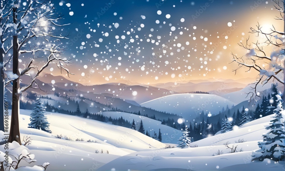Illustration of winter snowy wonderland with trees, mountains, and snowflakes. Christmas and New Year greeting card.. Illustration of winter snowy wonderland with trees, mountains, and snowflakes. Christmas and New Year greeting card..