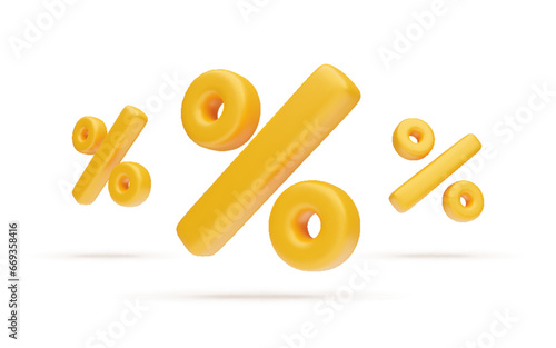Group of 3D font golden plastic percent signs. Percentage, discount, seasonal sale, promotion business high detailed symbol three-dimensional rendering vector illustration isolated