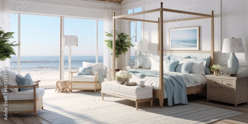 a coastal-inspired bedroom with a white canopy bed, blue bedding, and nautical accents. AI Generative