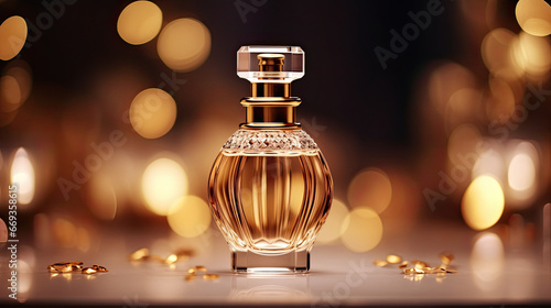 a mockup perfume bottle in a golden light atmosphere