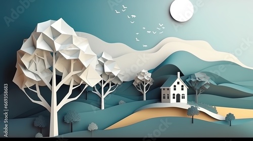 Fototapeta Naklejka Na Ścianę i Meble -  3d paper cut forest landscape mountain paper cut style natural landscape scene illustration