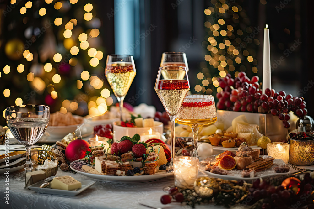 food and wine on a table with christmas lights in the background, as well for an event or holiday dinner