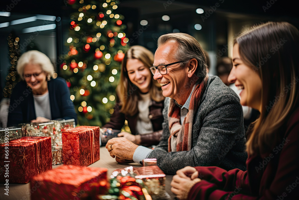 some people sitting around a table with presents on it and one person smiling at the camera while others look on