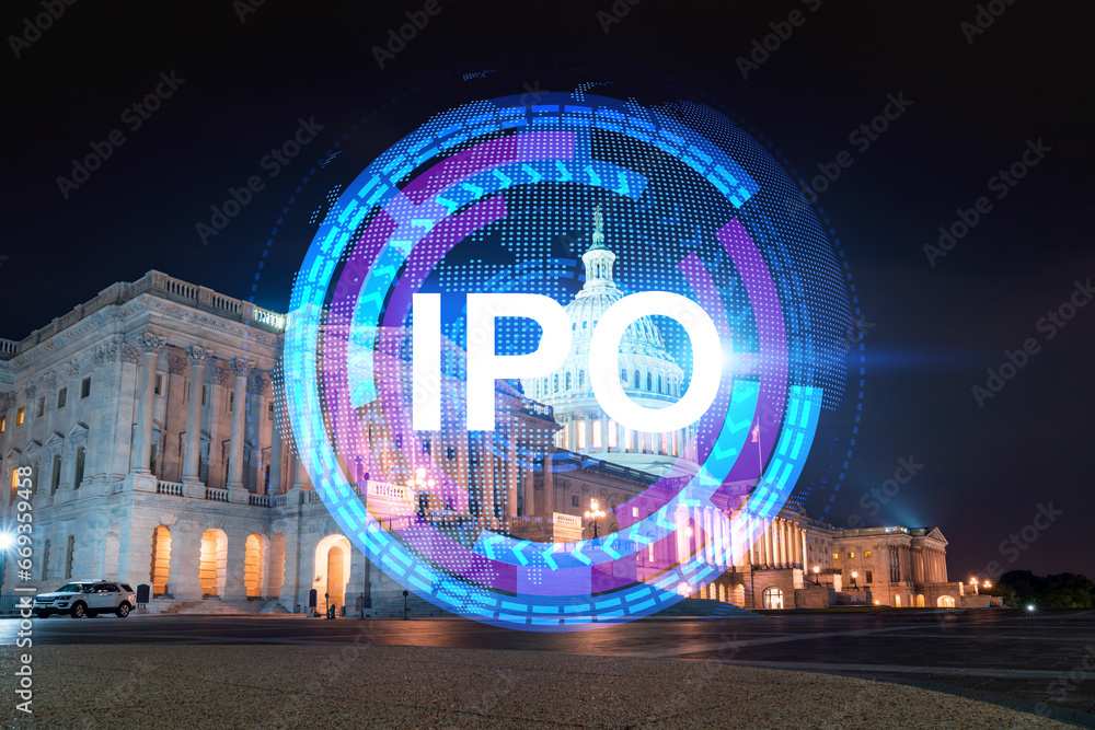 Obraz premium Skyscrapers Cityscape Downtown View, Washington Skyline Buildings. Beautiful Real Estate. Night time. IPO hologram. Business education initial primary offering concept.