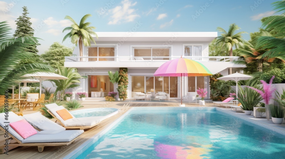 residence or home Tropical pool with lush garden, sunbed, umbrella, pool towels, and vibrant floating unicorn