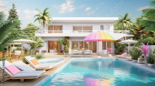 residence or home Tropical pool with lush garden  sunbed  umbrella  pool towels  and vibrant floating unicorn