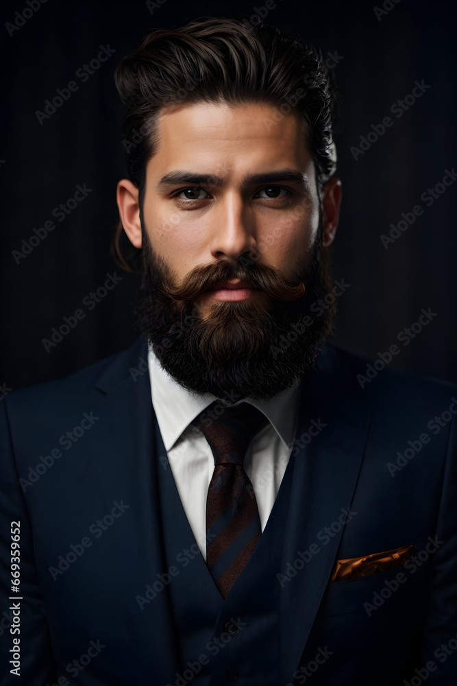 Fototapeta premium Portrait of a handsome young man with long beard and mustache. Men's beauty, fashion.