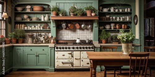 a cozy and rustic kitchen with a farmhouse sink, wooden cabinets, and a vintage-inspired stove. AI Generative
